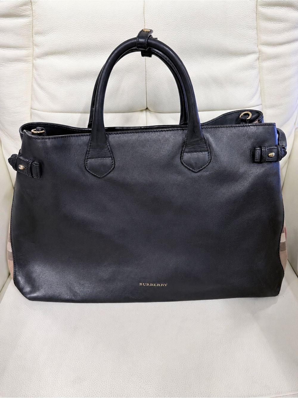 BURBERRY Banner Large Black Leather House Check Tote Bag - Picture 2 of 10